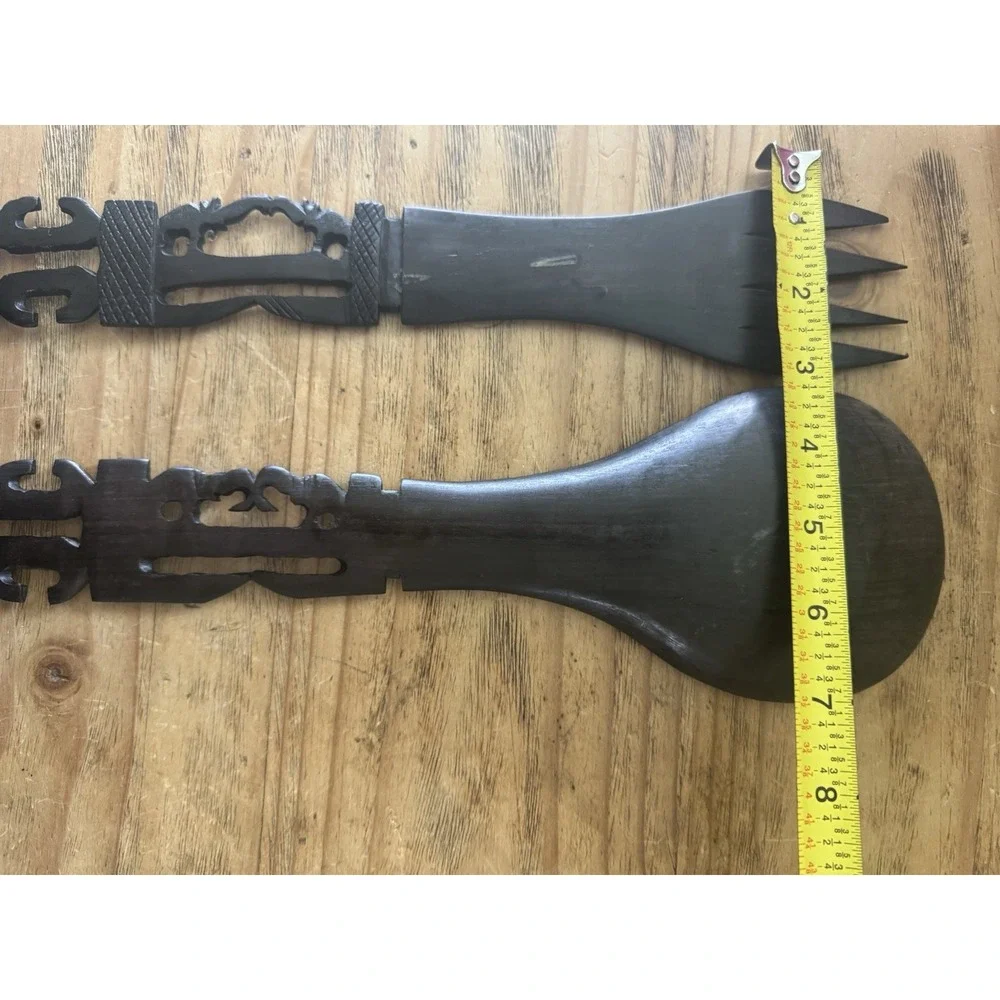 Large Vintage Tiki Hand Carved Wood Spoon Fork Set Polynesian Tribal 14